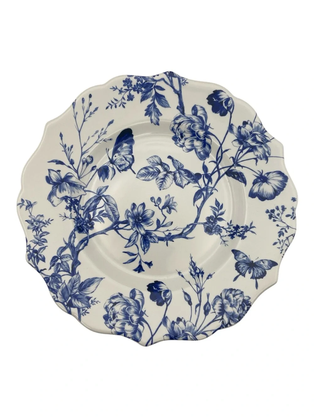 Set of 6 Blue White Butterfly Floral 8.5” Scalloped Porcelain Plates Boho Garden
